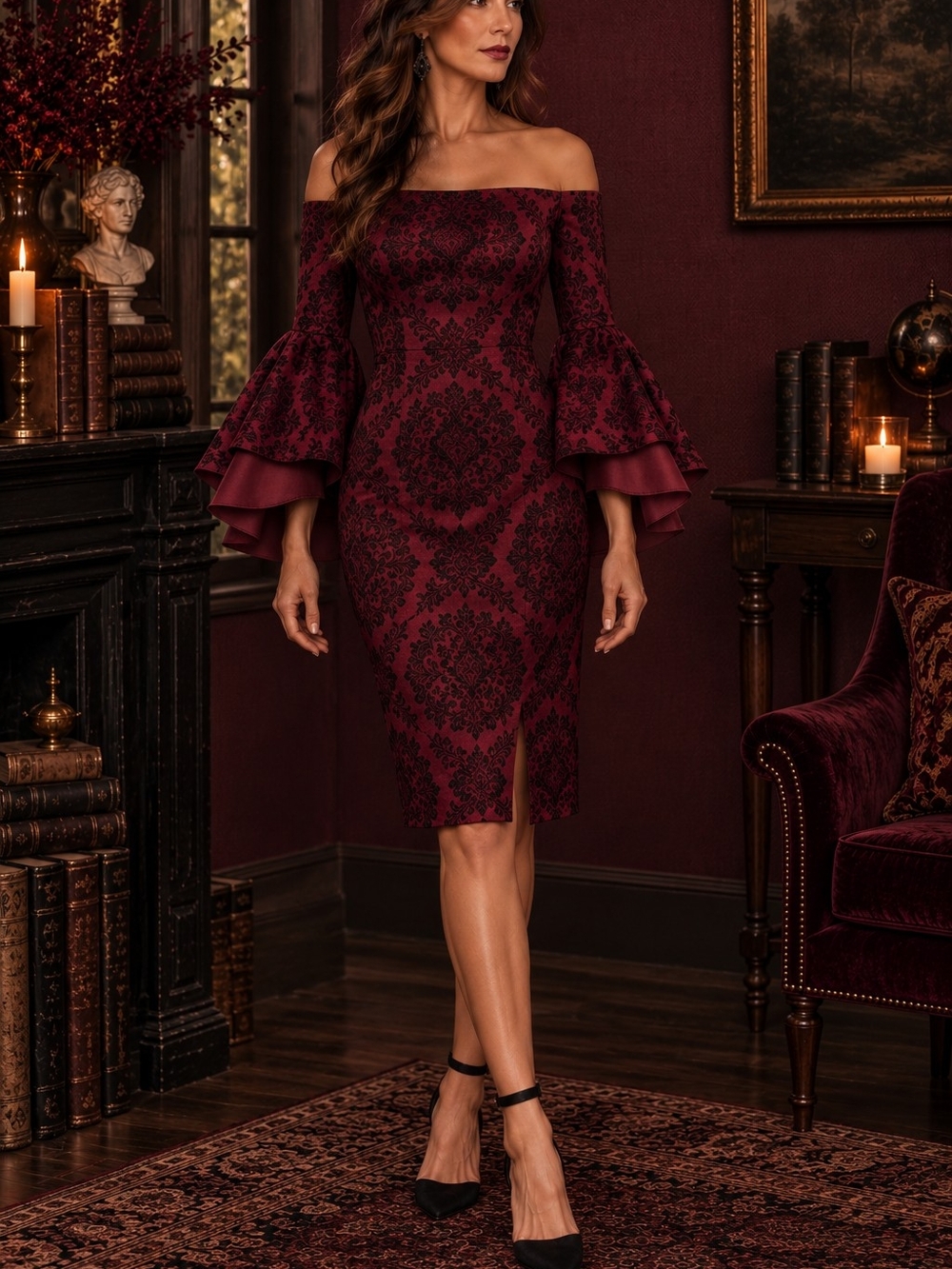 Burgundy Damask Off Shoulder Circle Sleeve Dress Dark Acadamia Whimsigoth